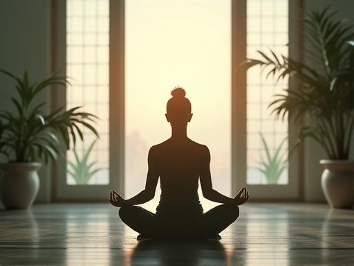 Personne méditant paisiblement dans un cadre serein, lumière douce